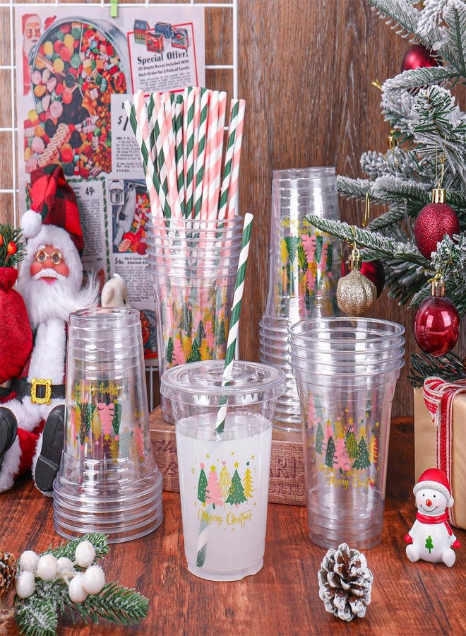 JarThenaAMCS 50Pcs Christmas Plastic Cups with Lids Straws Boho Xmas Tree Drinking Cup 12oz Pink Green Gold Holiday Disposable Cups for Xmas Winter Baby Shower Family Gatherings Decorations Supplies - Image 4